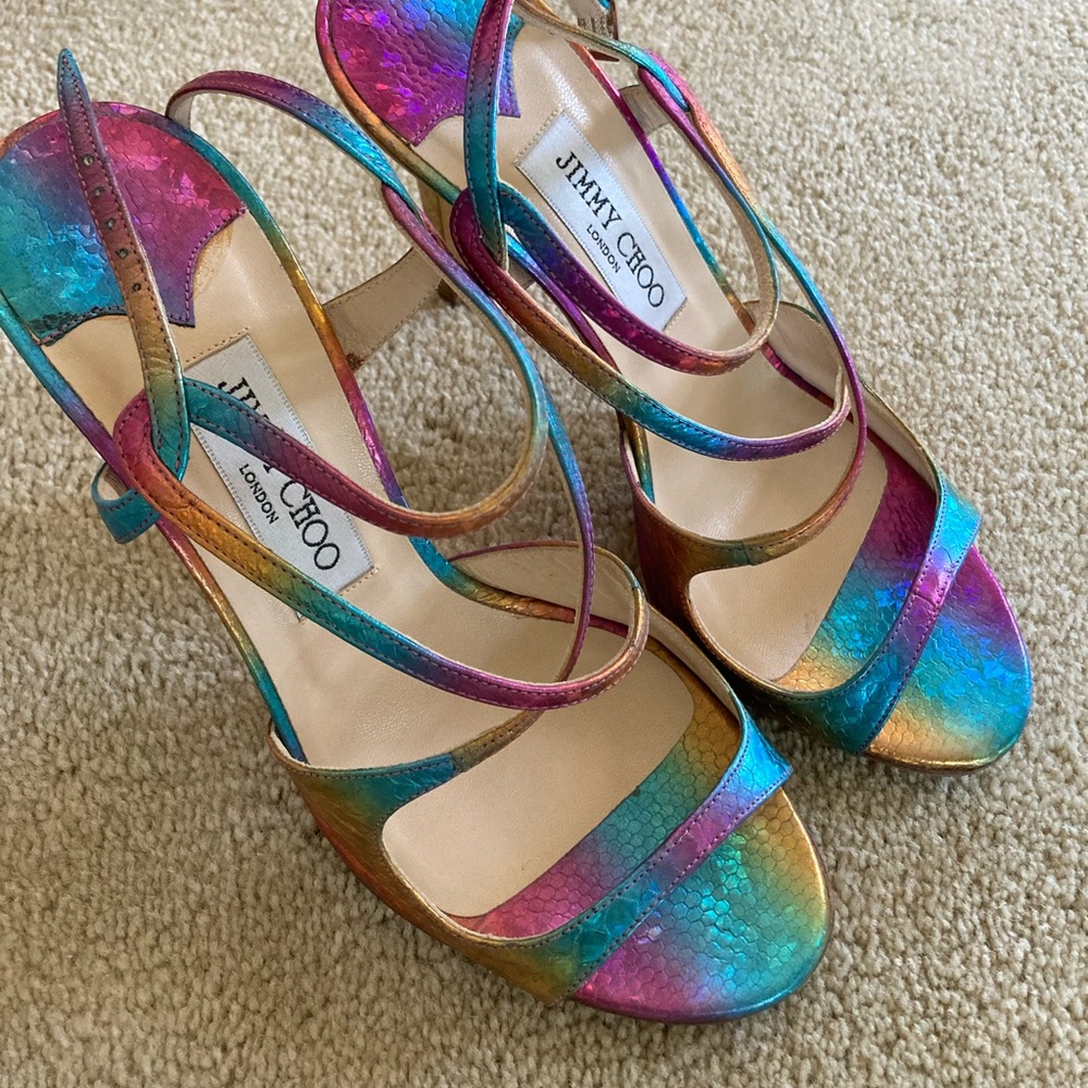 Jimmy Choo Rainbow Strappy Python heals. Stunning!